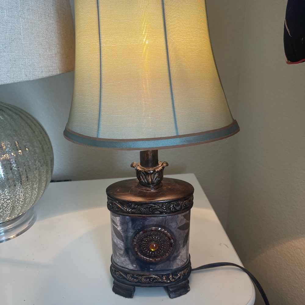 Elegant Bronze and Silver Small Table Lamp with elegant blue Shade